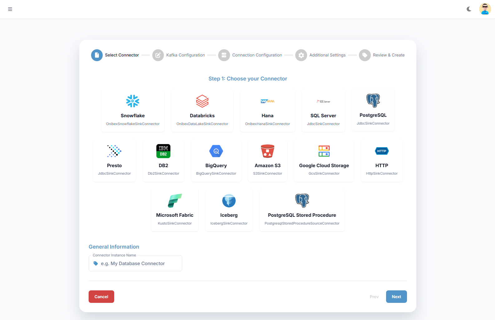 Premium Kafka Connector selection screen